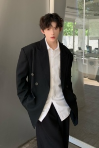 C316 XZ1220 P98 秋冬新款黑色双排扣时尚西服黑色宽松百搭松弛感图片
