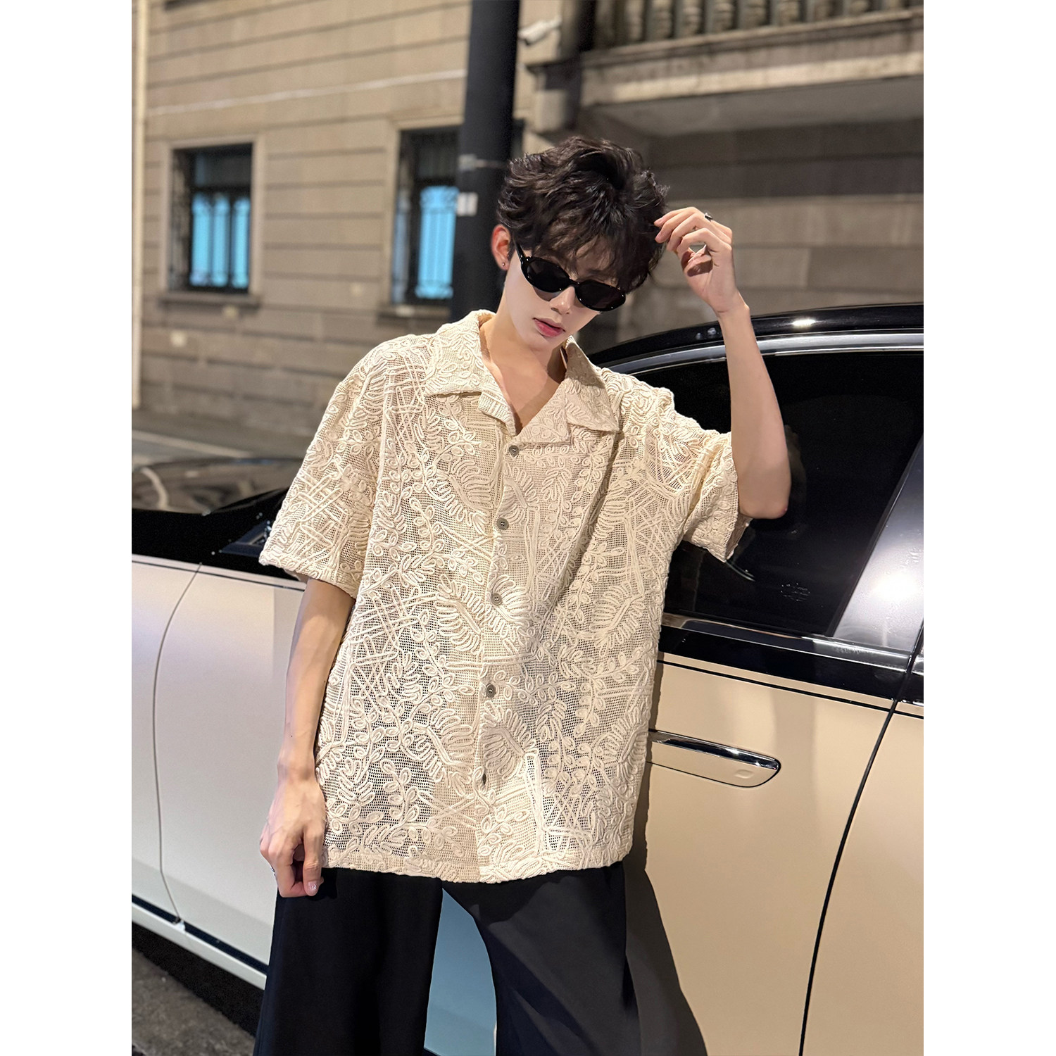 C316CS8324P98夏装新款浮雕镂空网衫设计感短袖衬衫个性衬衣,男装衬衫,电商C316