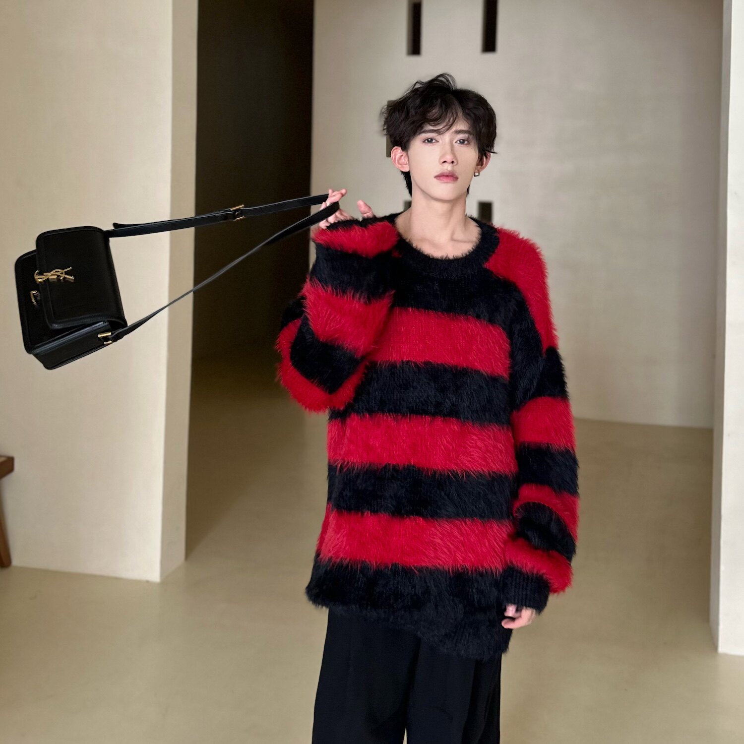 C316N0005P108冬装新款拼接长毛毛衣针织衫毛衫网红情侣装线衫，男装针织衫/毛衣，电商C316