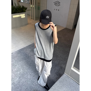C316B2509P33夏装新款拼接撞色背心时尚宽松运动型汗背心