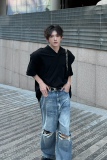 C316T1169P48夏装新款短袖T恤时尚百搭宽松tee潮个性V领t黑色，男装T恤，电商C316