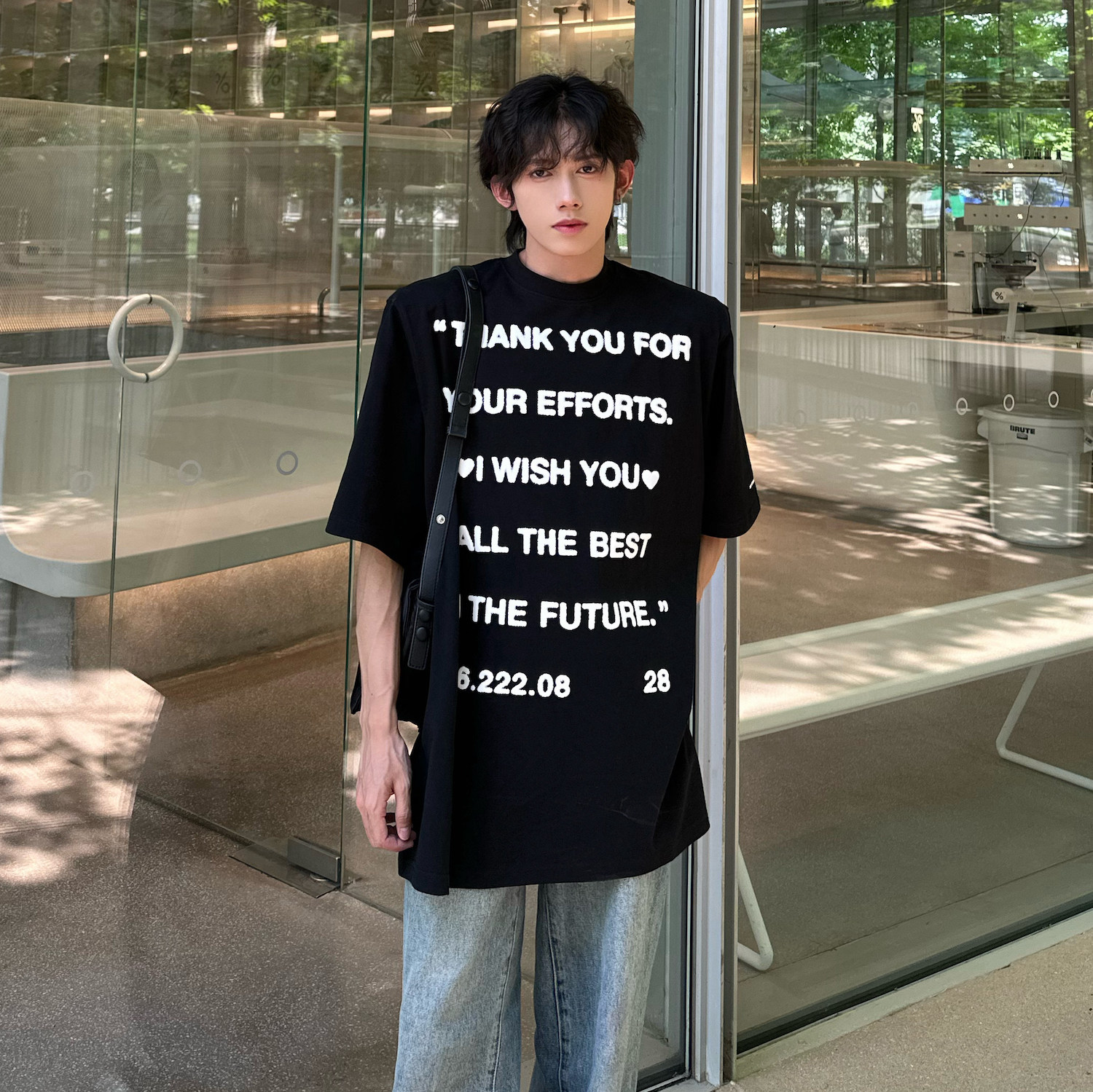 C316T2363P38夏装新款垫肩短袖T恤上衣tee纯棉港风休闲黑色,男装T恤,电商C316
