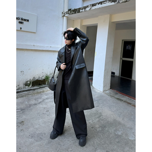 C316 PY1271 P168 秋冬新款宽松长款皮衣风衣高级感黑色时髦外套图片