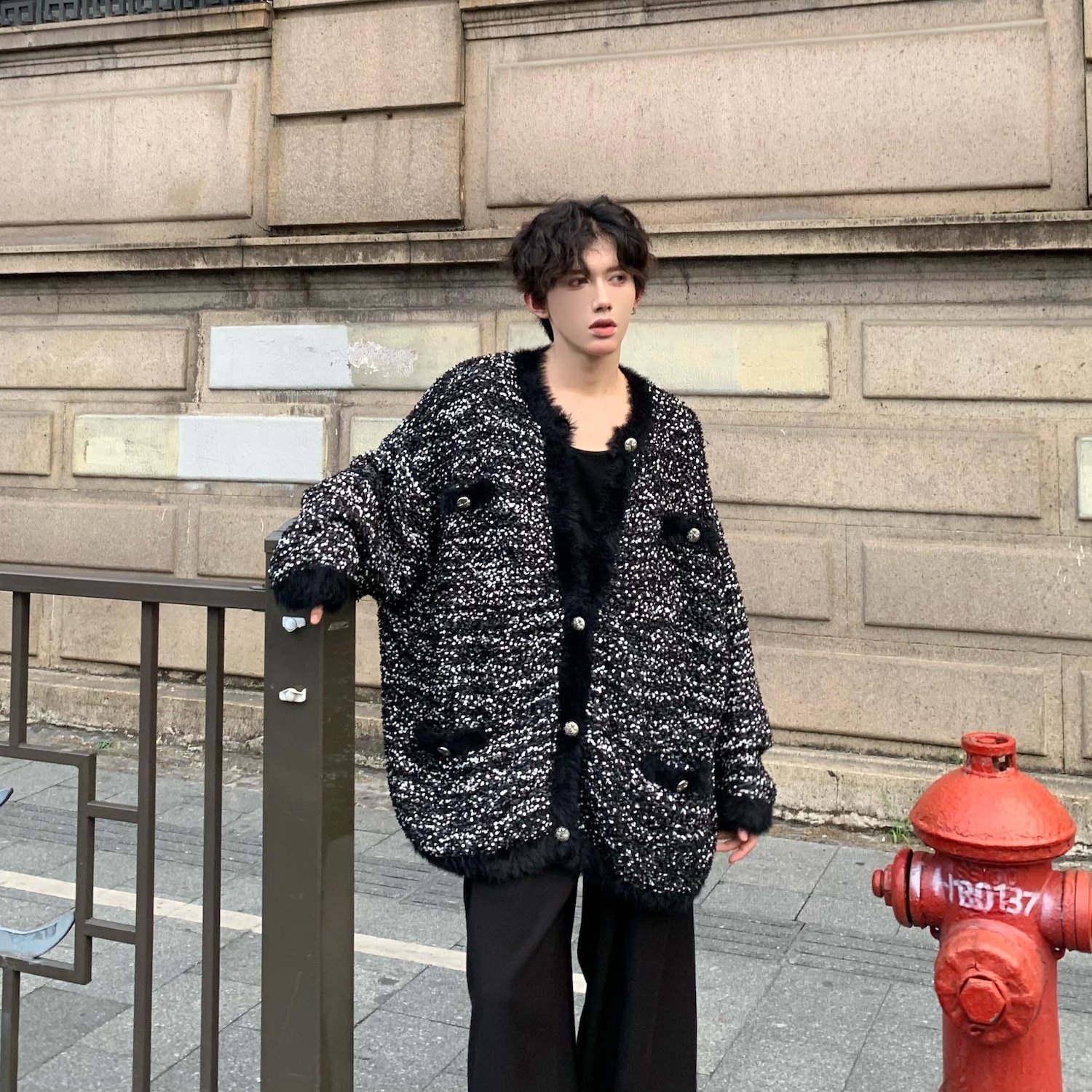 C316MY1254P98秋冬新款毛毛衣时尚拼接撞色毛衣针织衫开衫男装,男装针织衫/毛衣,电商C316