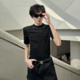 C316T8072P58夏装新款短袖T恤钉钻黑色修身个性tee时尚经典款，男装T恤，电商C316