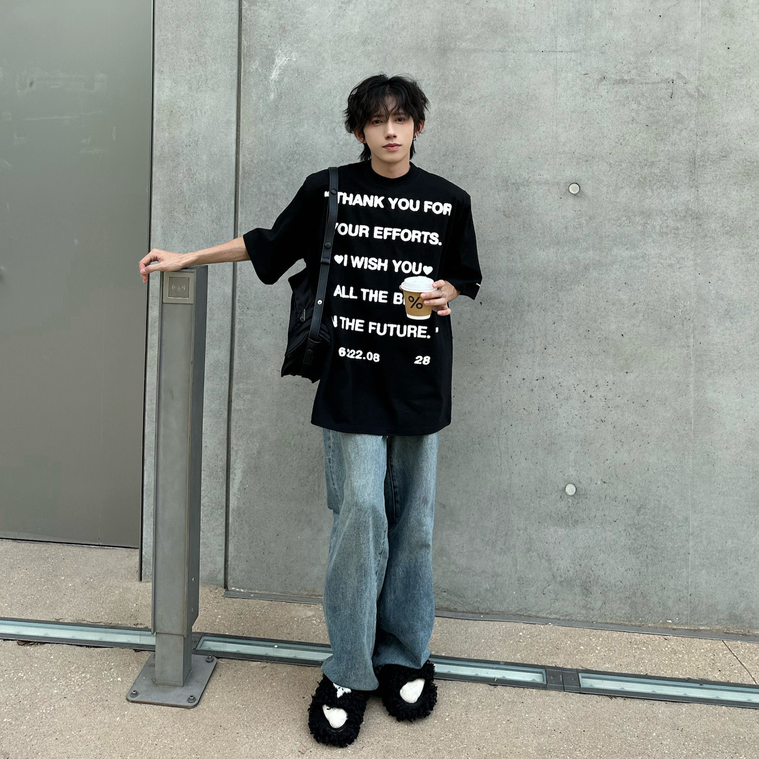 C316T2363P38夏装新款垫肩短袖T恤上衣tee纯棉港风休闲黑色,男装T恤,电商C316