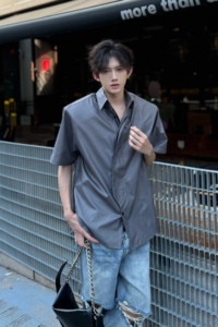 C316CS11167P58夏装新款短袖衬衫科技感时尚衬衣银灰色男百搭