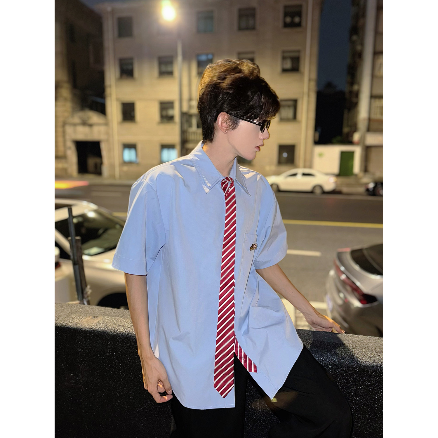 C316CS8233P58夏装新款短袖T恤时尚拼接撞色领带设计短袖,男装衬衫,电商C316