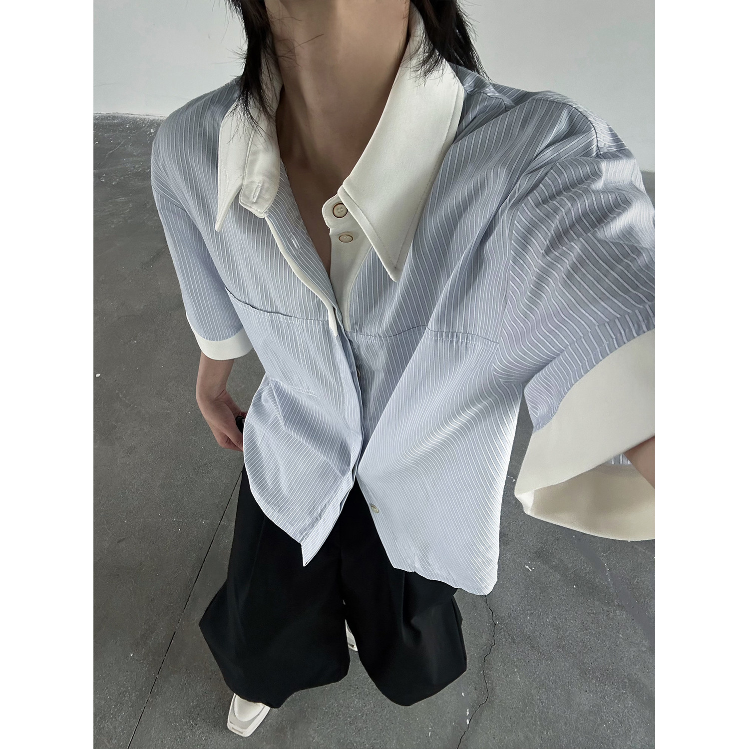 C316 CS8311 P58 夏装新款拼接中袖衬衫时尚宽松条纹衬衣个性潮图片