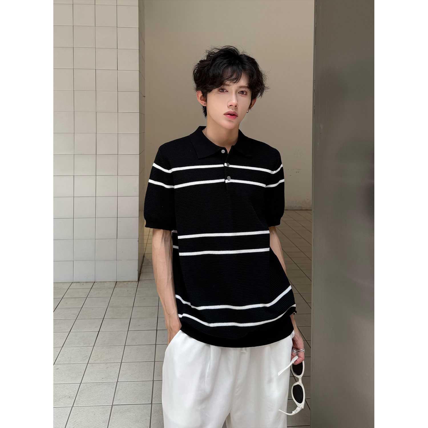 C316T8290P58条纹撞色polo衫时尚短袖T恤tee潮个性男装冰感，男装T恤，电商C316