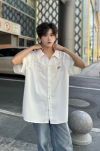 C316 CS160 P58夏装新款短袖衬衫白色褶皱设计时尚立体衬衣个性潮图片