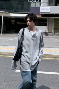 C316T1222P58秋装新款撞色拼接灰色打底衫长袖T恤tee潮休闲男装