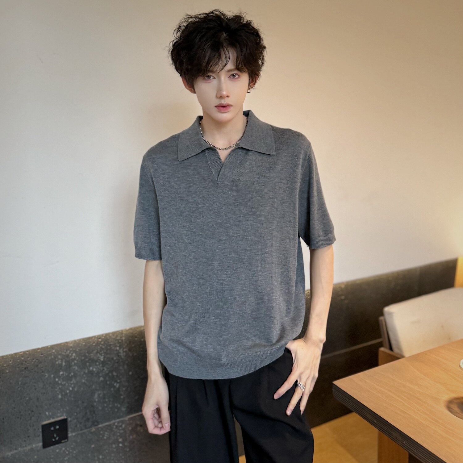 C316T8040P58夏装新款短袖T恤针织短袖polo衫时尚个性深灰色,男装T恤,电商C316