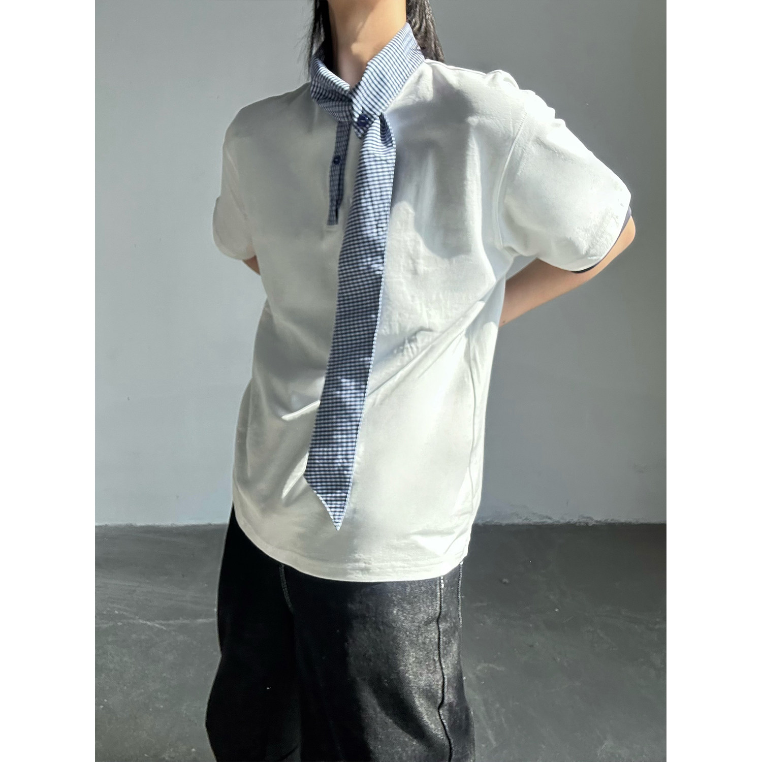 C316T8136P48夏装新款时尚百搭短袖拼接白色蓝色衬衫领假两件,男装T恤,电商C316