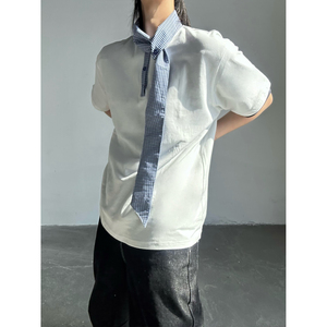 C316 T8136 P48 夏装新款时尚百搭短袖拼接白色蓝色衬衫领假两件图片