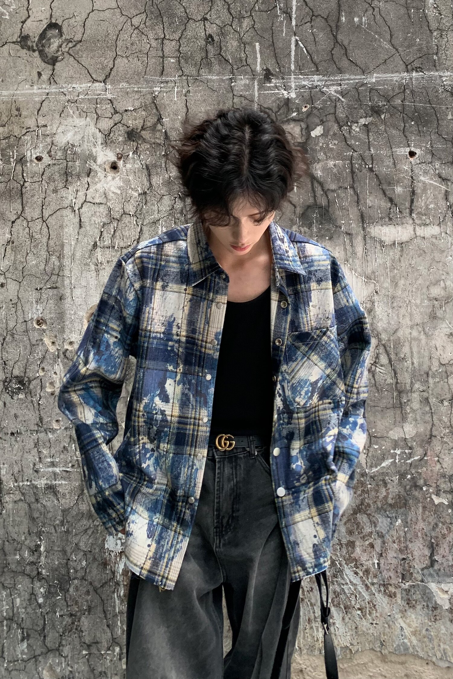 C316CS1228P68秋装新款长袖衬衫喷漆格子撞色衬衣时尚宽松男装,男装衬衫,电商C316