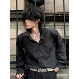 小众肌理感裂纹垫肩黑色长袖衬衫男春秋季痞帅宽松设计感衬衣外套，男装衬衫，电商C316