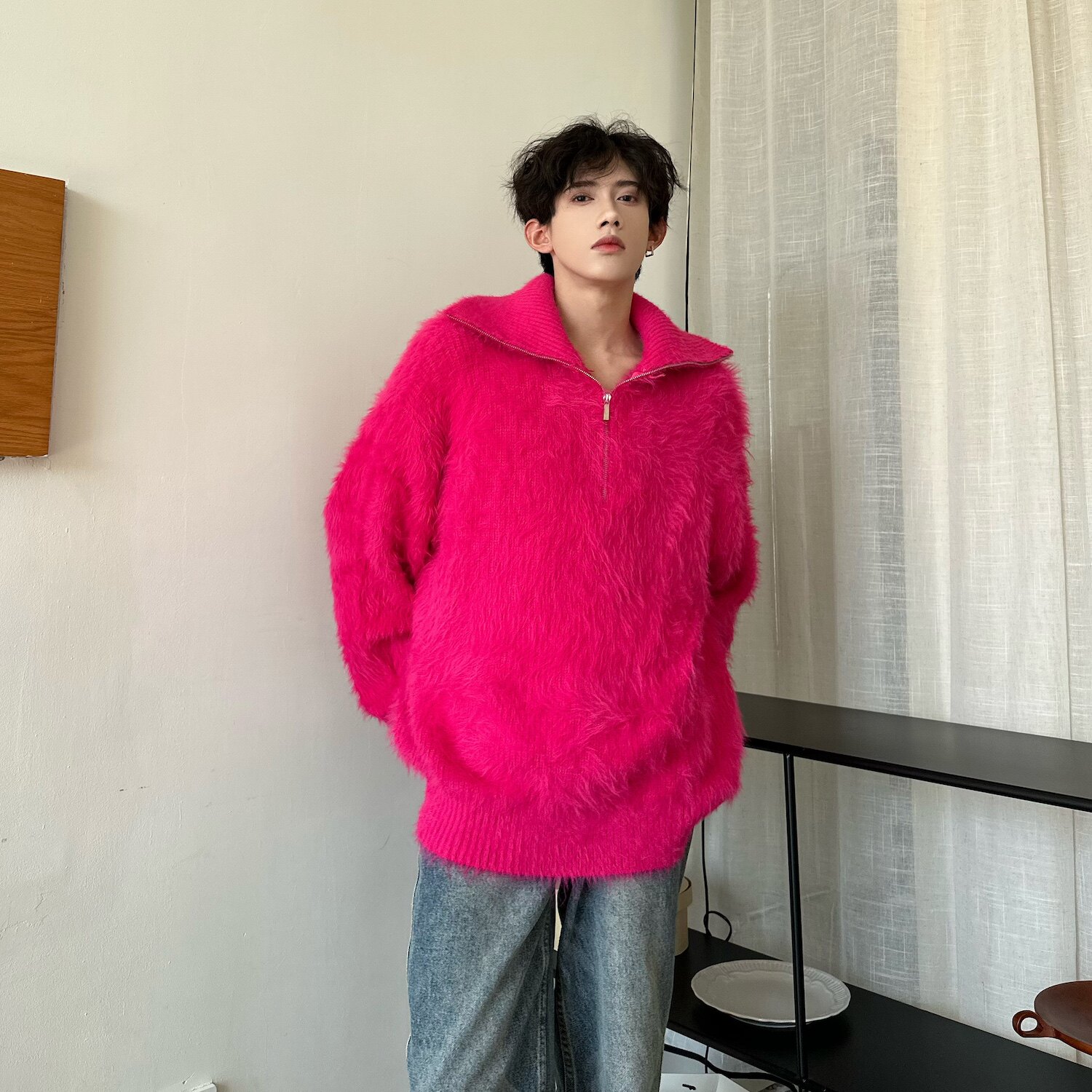 C316MY9316P98高品质毛毛衣高领可翻脸线衫火龙果色玫红色,男装针织衫/毛衣,电商C316
