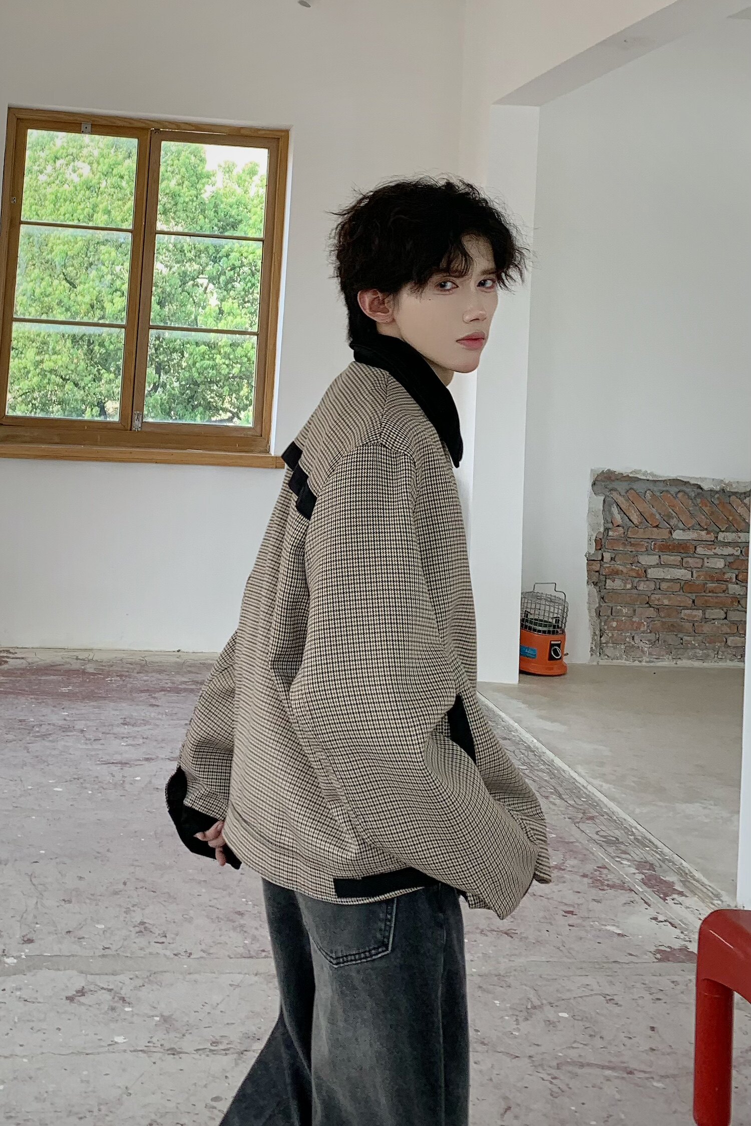 C316JKXL001P98特秋装新款短款外套夹克衫格子拼接松弛感男,男装夹克,电商C316