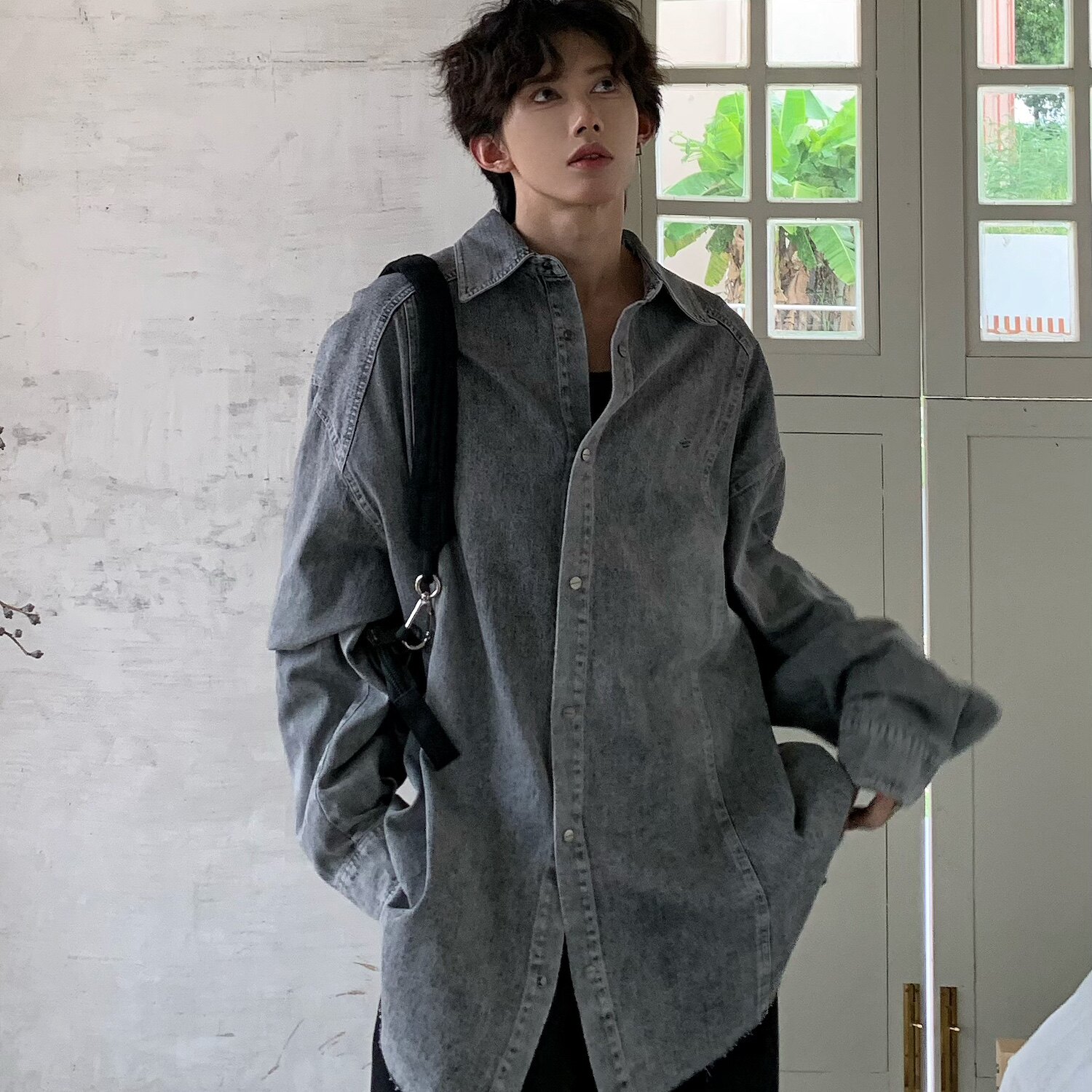 C316 CS1240 P88秋冬新款水泥色长袖衬衫时尚衬衣宽松水洗牛仔男图片
