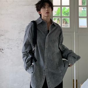 C316 CS1240 P88秋冬新款水泥色长袖衬衫时尚衬衣宽松水洗牛仔男图片