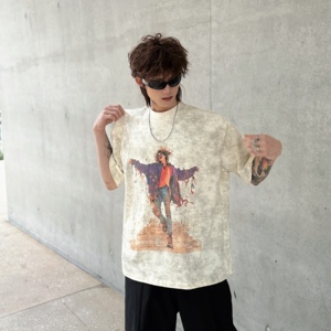 扎染做旧小领口印花短袖男款夏高级感痞帅美式T恤潮牌宽松五分袖图片