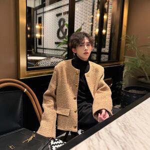 秋冬新款时尚小香风卡其色高级感百搭短款外套轻奢加厚编织呢料潮图片