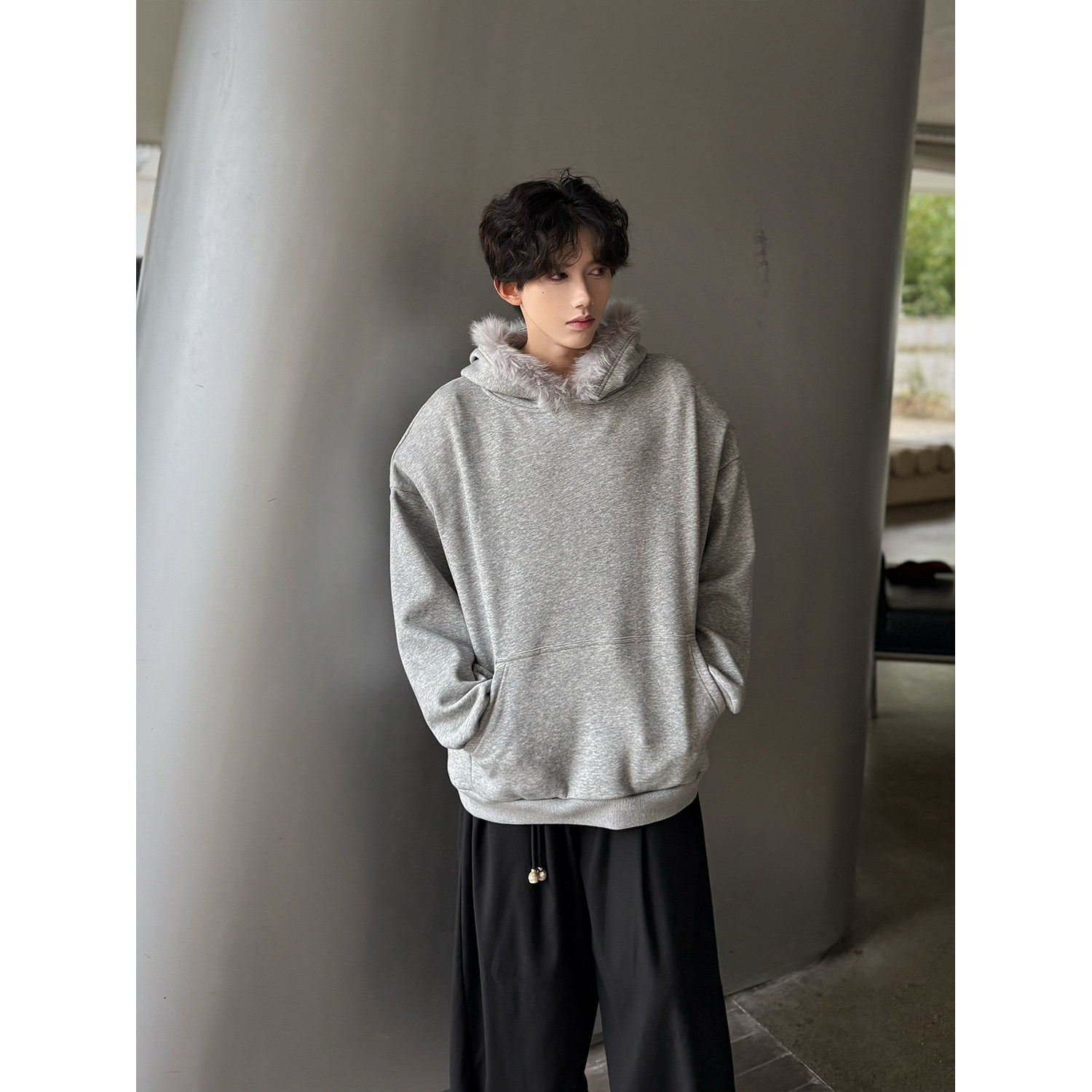 C316WY1032P68秋冬新款长袖毛领连帽卫衣时尚纯色时尚帽衫,男装卫衣,电商C316