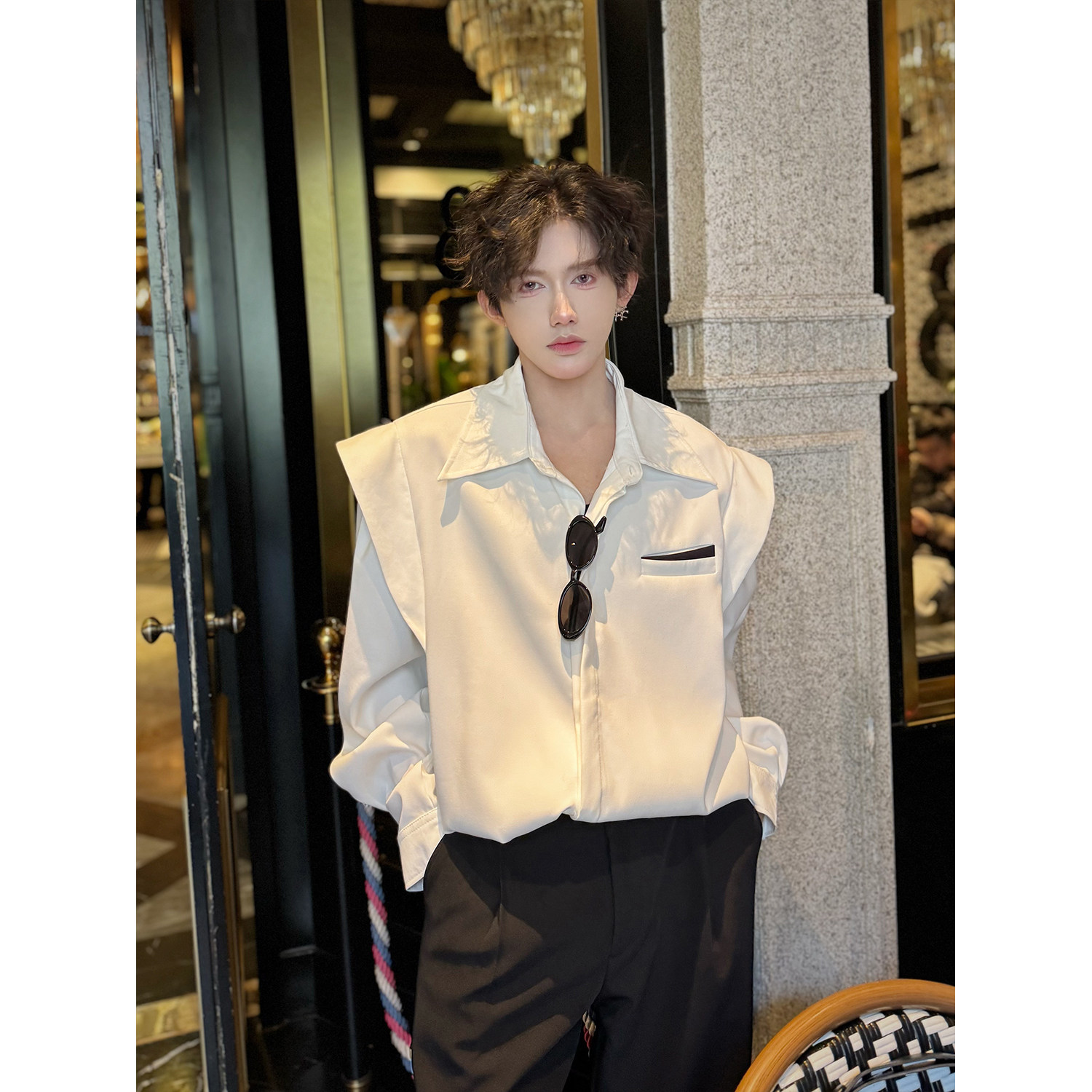 C316CS1073P68春夏新款长袖衬衫时尚个性衬衣白色拼接高级，男装衬衫，电商C316