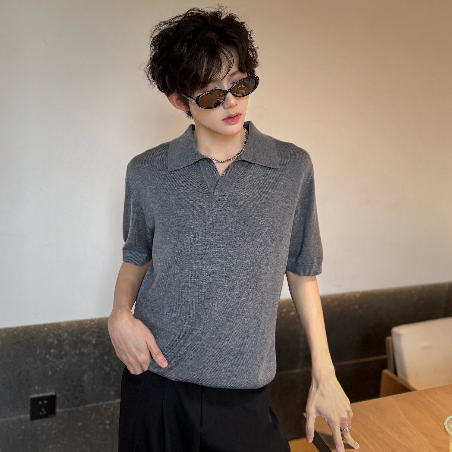 C316T8040P58夏装新款短袖T恤针织短袖polo衫时尚个性深灰色,男装T恤,电商C316