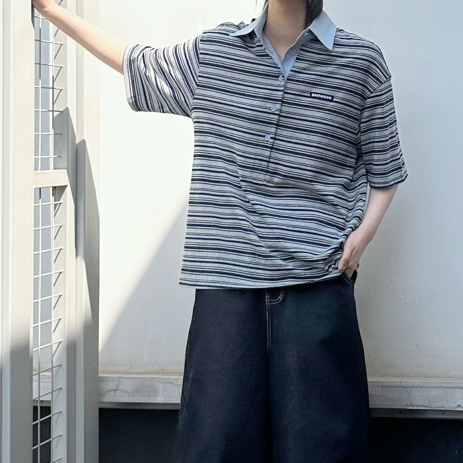 C316T8146P48夏装新款条纹短袖polo衫时尚T恤撞色学院miu感,男装T恤,电商C316