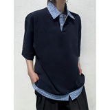 C316T8133P48夏装新款短袖T恤拼接撞色tee时尚polo领蓝色格，男装T恤，电商C316