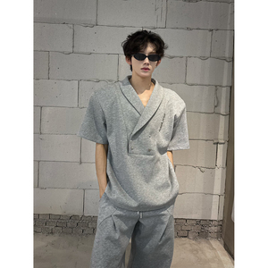垫肩短袖运动套装男夏季高级感酷帅穿搭一整套夏季休闲裤子两件装图片