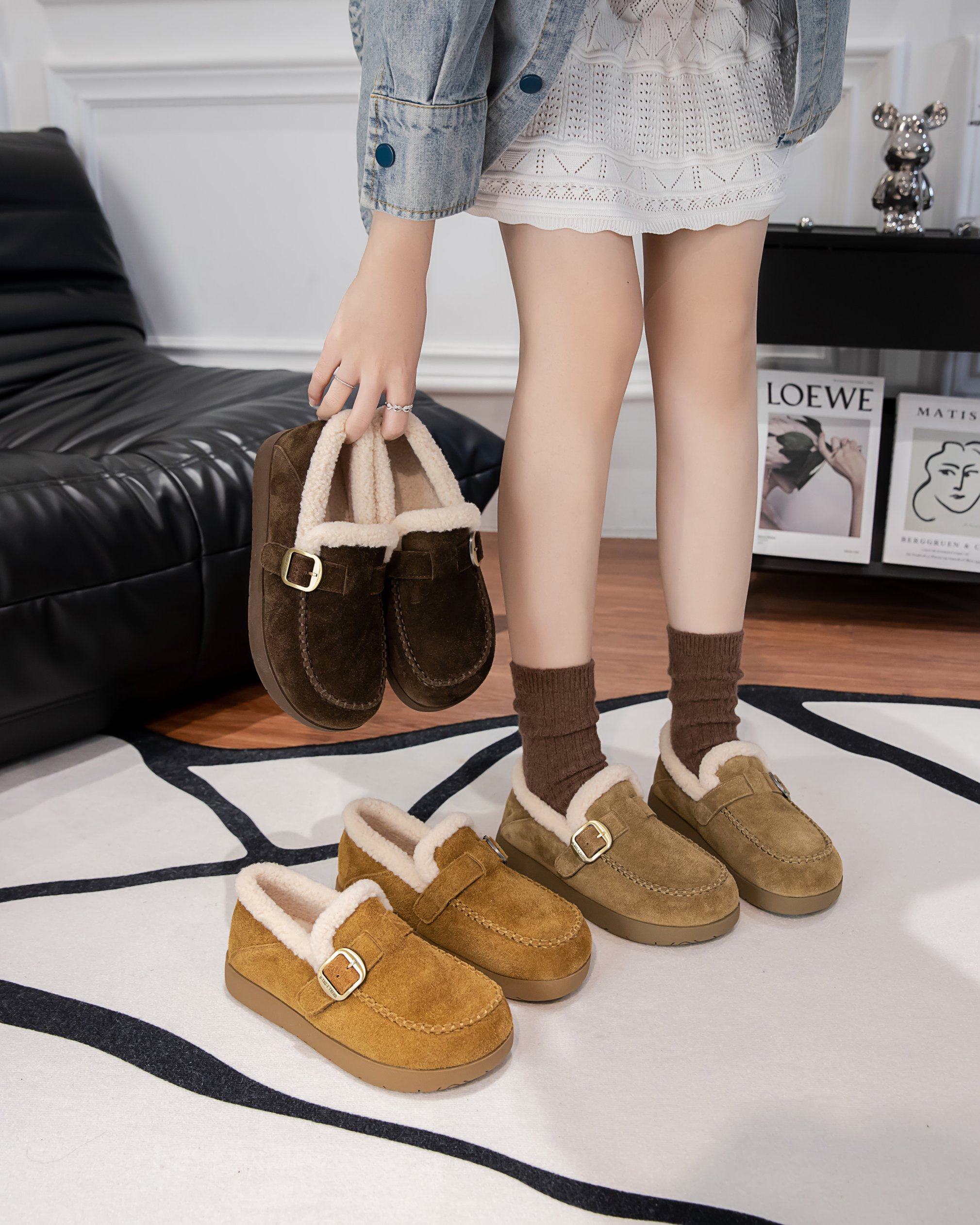 真皮厚底勃肯鞋女2026冬韩版百搭一脚蹬面包鞋加绒毛毛棉鞋雪地靴,女鞋,时尚雪地靴,淘宝优惠券,粉丝福利购,淘宝优惠卷