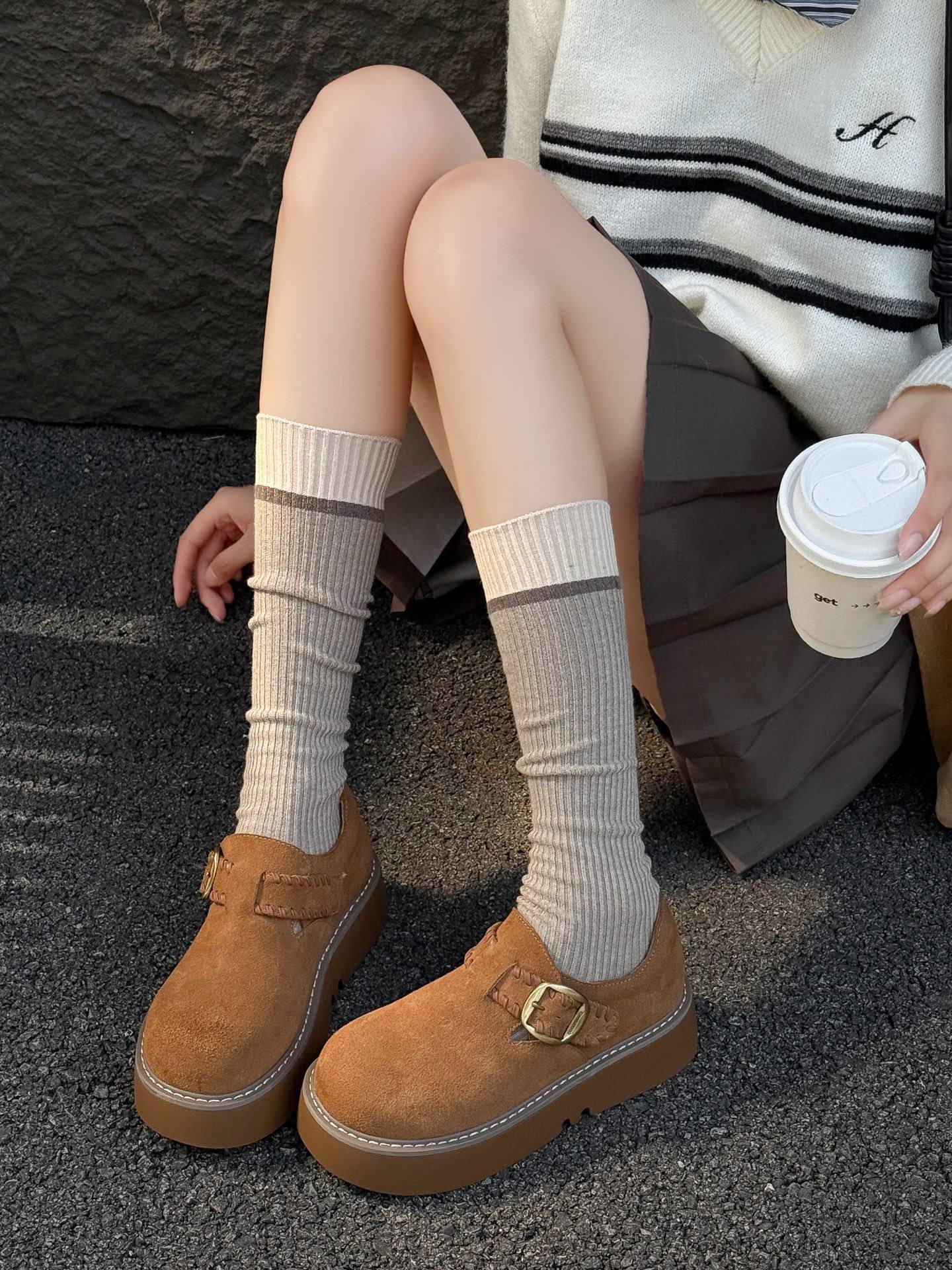 时尚厚底真皮勃肯鞋女2025秋新款韩版百搭圆头搭扣松糕休闲鞋单鞋,女鞋,勃肯鞋/软木鞋,淘宝优惠券,粉丝福利购,淘宝优惠卷