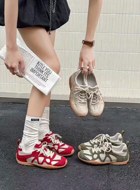 时尚拼色休闲鞋女2026夏款韩版百搭外穿系带透气运动德训鞋阿甘鞋