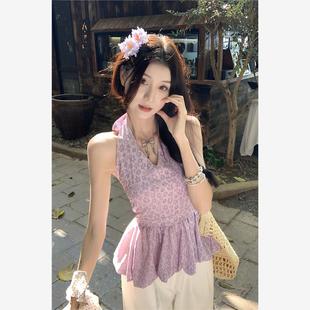 甜美辣妹挂脖露背V领花苞上衣夏季 女 新款 小清新收腰显瘦约会衬衫