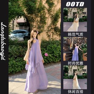 夏季 新款 吊帶連衣裙兩件套 飄帶不規則背心女裝 法式 套裝 度假風套裝