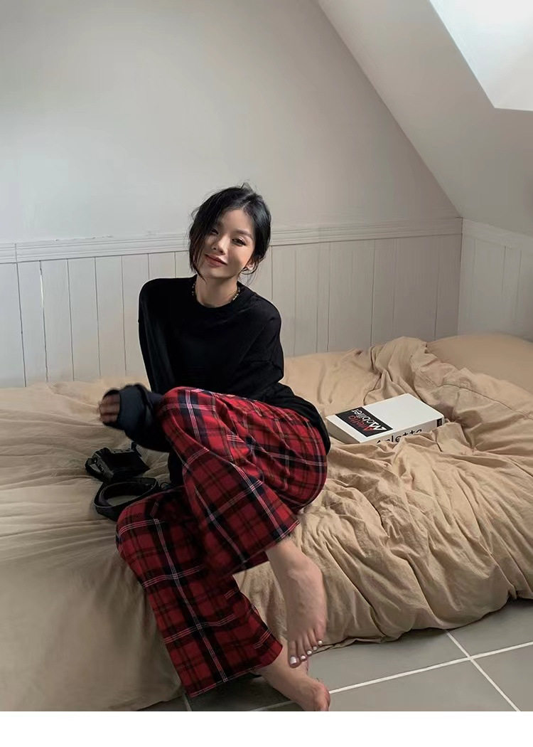 美式复古红色格子裤女高腰通勤直筒裤松紧腰苏格兰百搭休闲裤胖mm