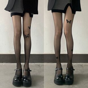 蝴蝶丝袜美拉德纯欲风女春秋连裤袜黑丝印花肉色打底裤防勾丝
