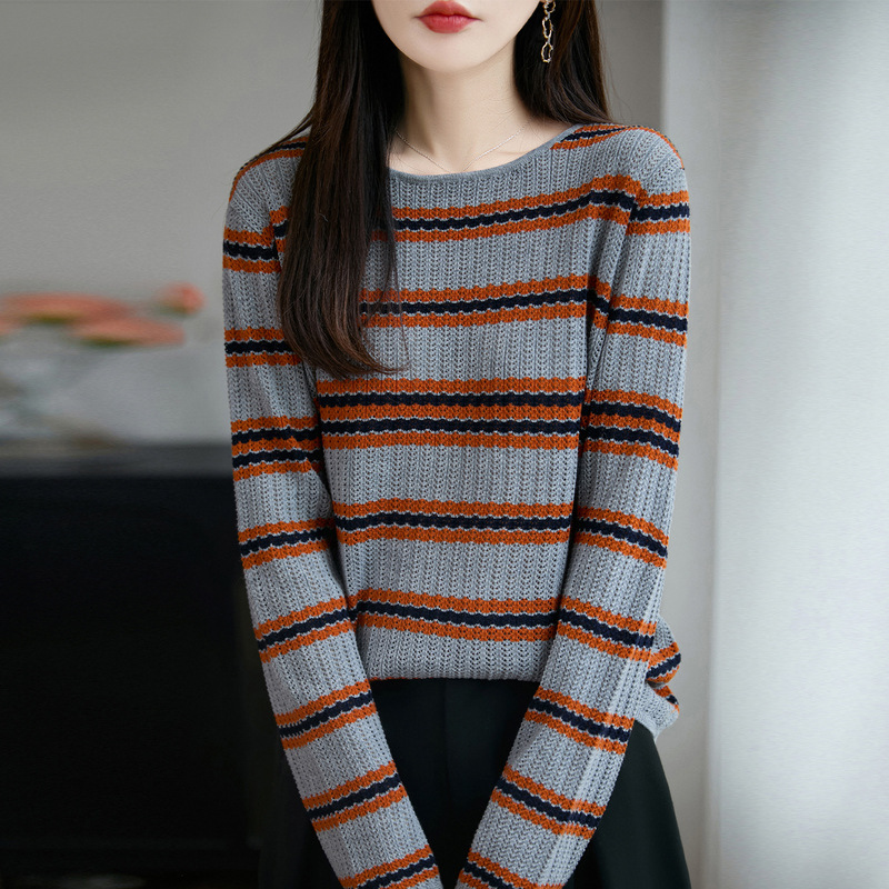 精纺羊毛圆领针织衫长袖女2025年早秋新款拼色条纹宽松套头打底
