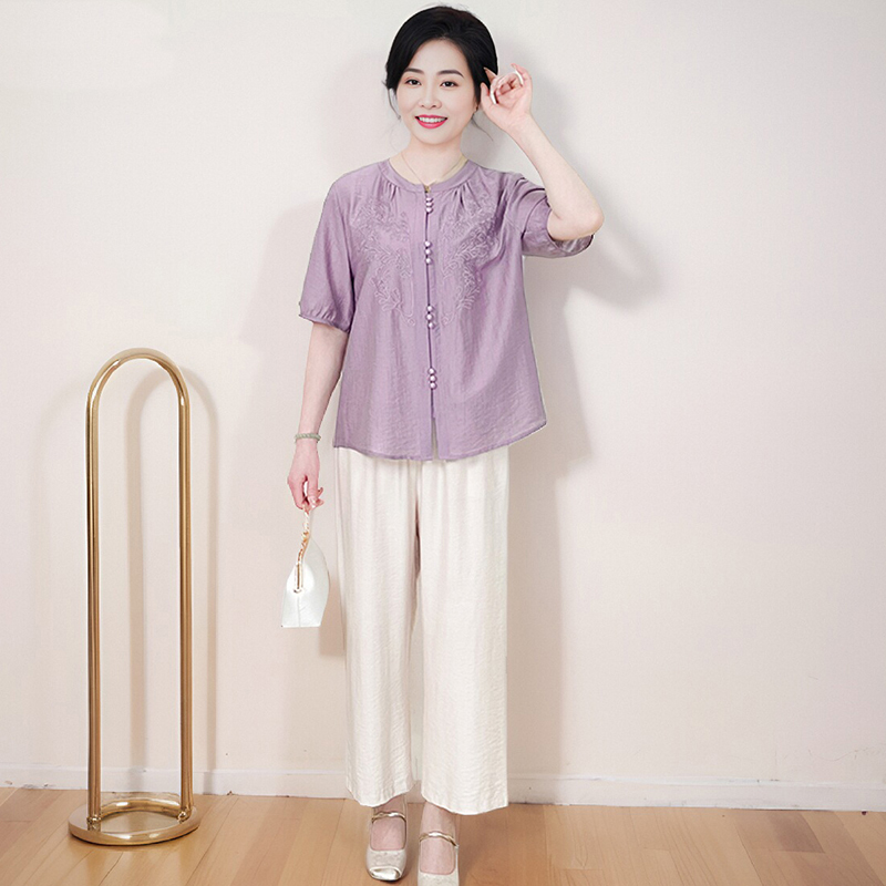 新中式妈妈夏装2025新款套装中老年女装夏季短袖上衣阔太太两件套