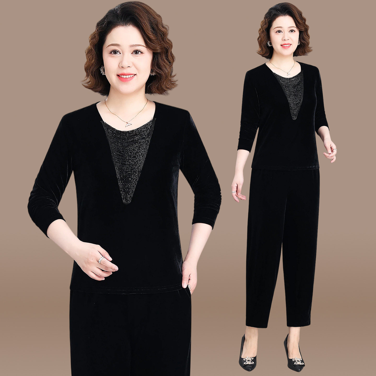轻奢V领链条拼丝绒长袖T恤女2026秋新款修身显瘦设计感满绒打底衫