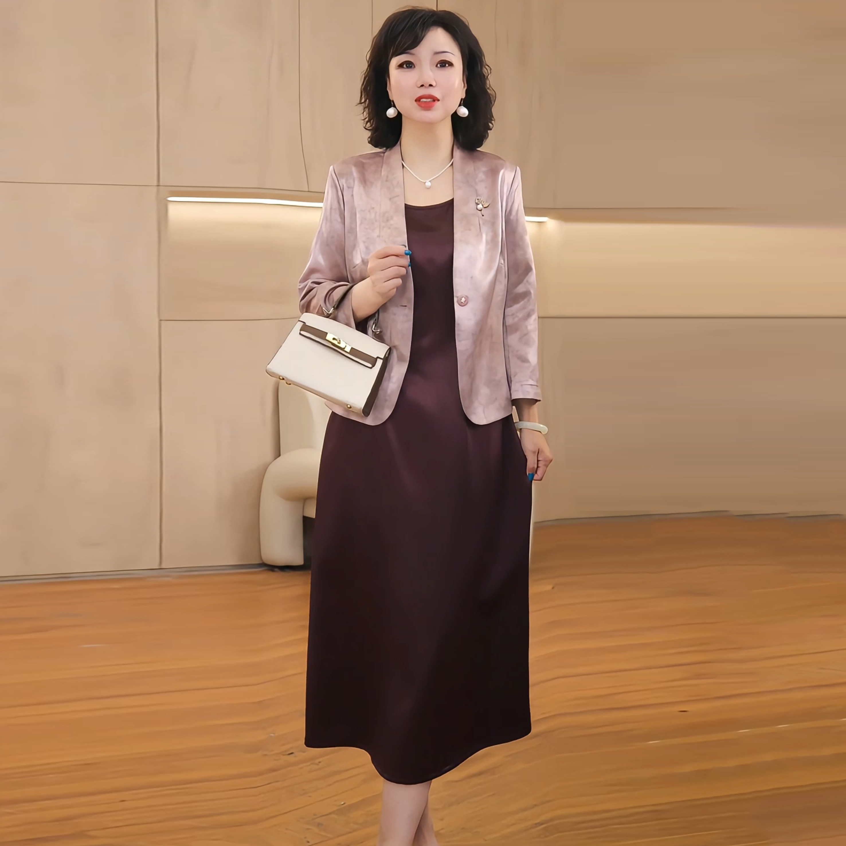 春秋气质两件套裙中年妈妈连衣裙装外套女新款优雅别致胸针FA10