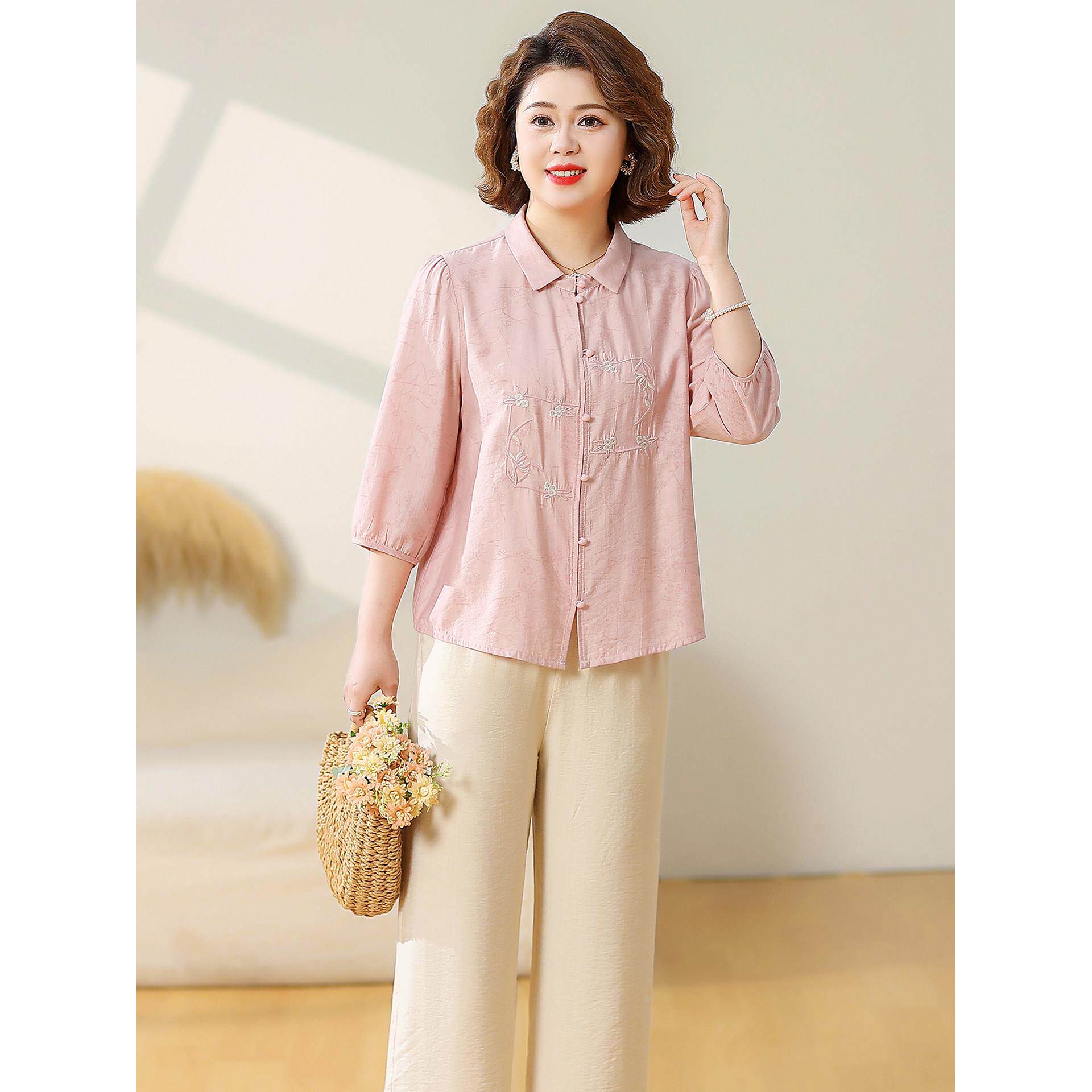 妈妈上衣春装时尚减龄T恤套装中老年女夏季2026年新款七分袖小衫