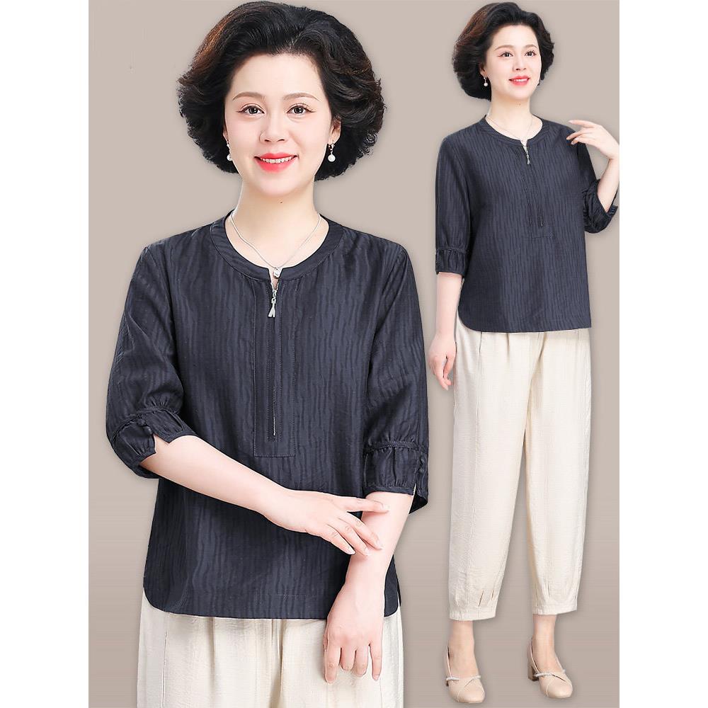 妈妈夏季中袖洋气小衫高端中老年女夏装套装大码老年人衣服两件套