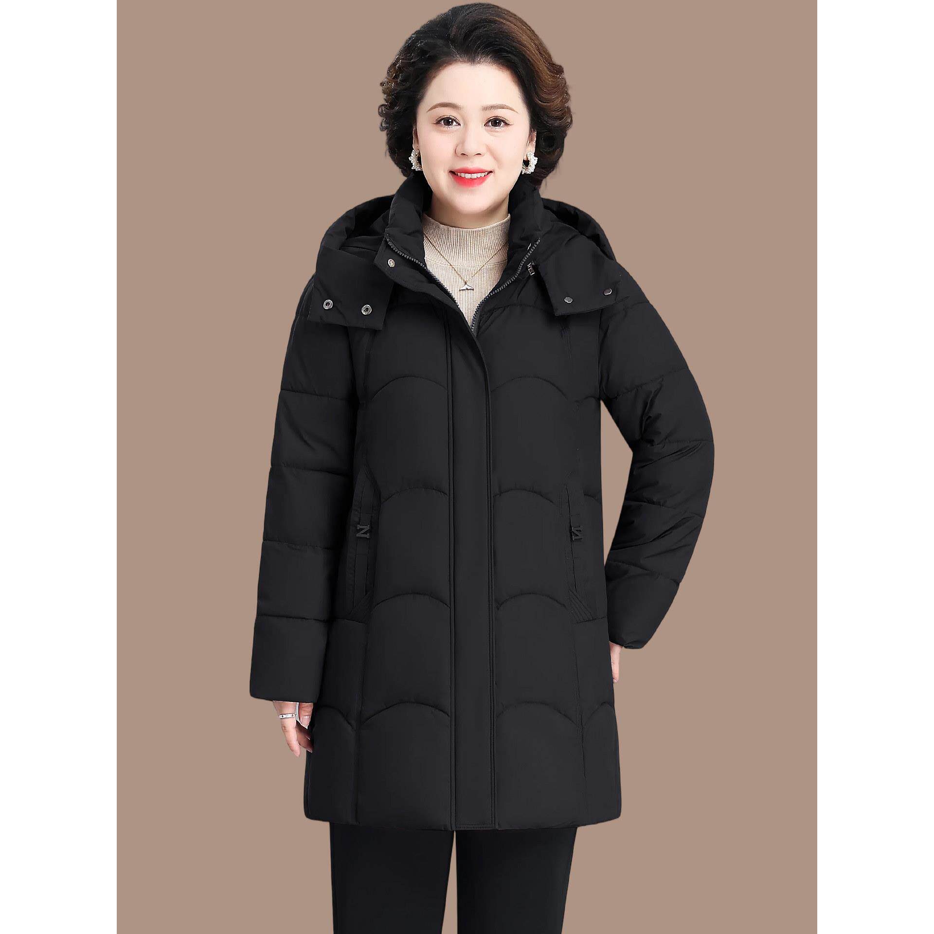 2026中老年妈妈冬装中长款连帽棉服女加厚保暖黑色外套中老年棉服