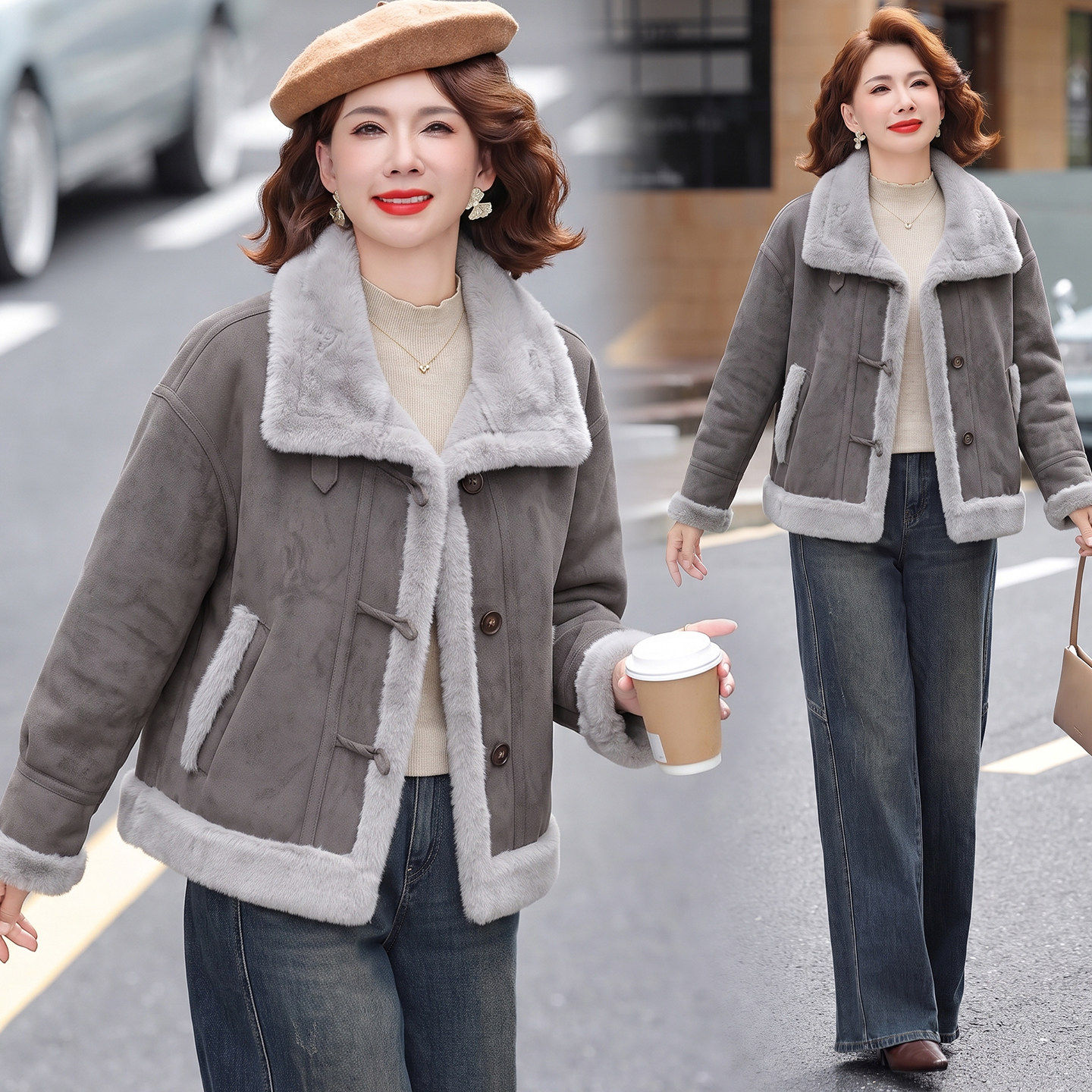 短款皮毛一体羊羔毛加厚外套女2026冬新小个子鹿皮绒机车服棉衣