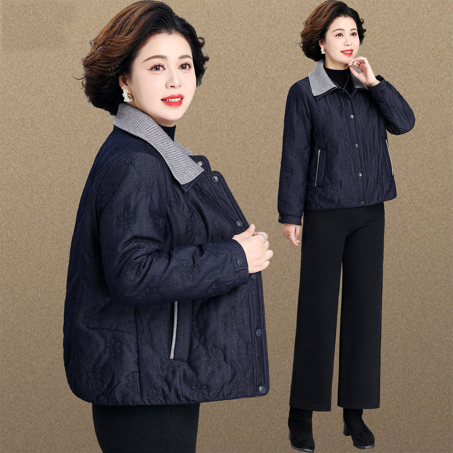 中年妈妈秋冬季外套拼色翻领羽绒棉服中老年女装冬装棉衣2026新款