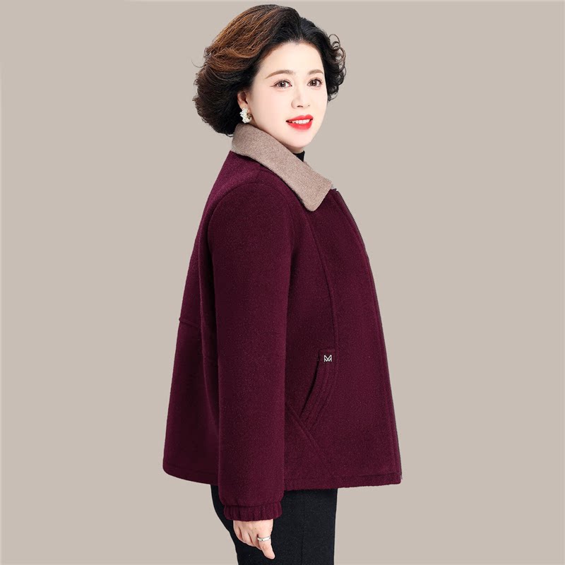 中老年女装秋冬新款时尚红色翻领拉链夹克妈妈装宽松短款加绒外套